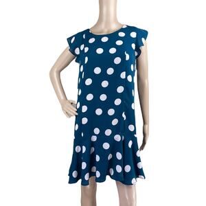 Loft MP Teal Polka Dot Ruffle Hem Shift Dress Sleeveless Petite M Modest